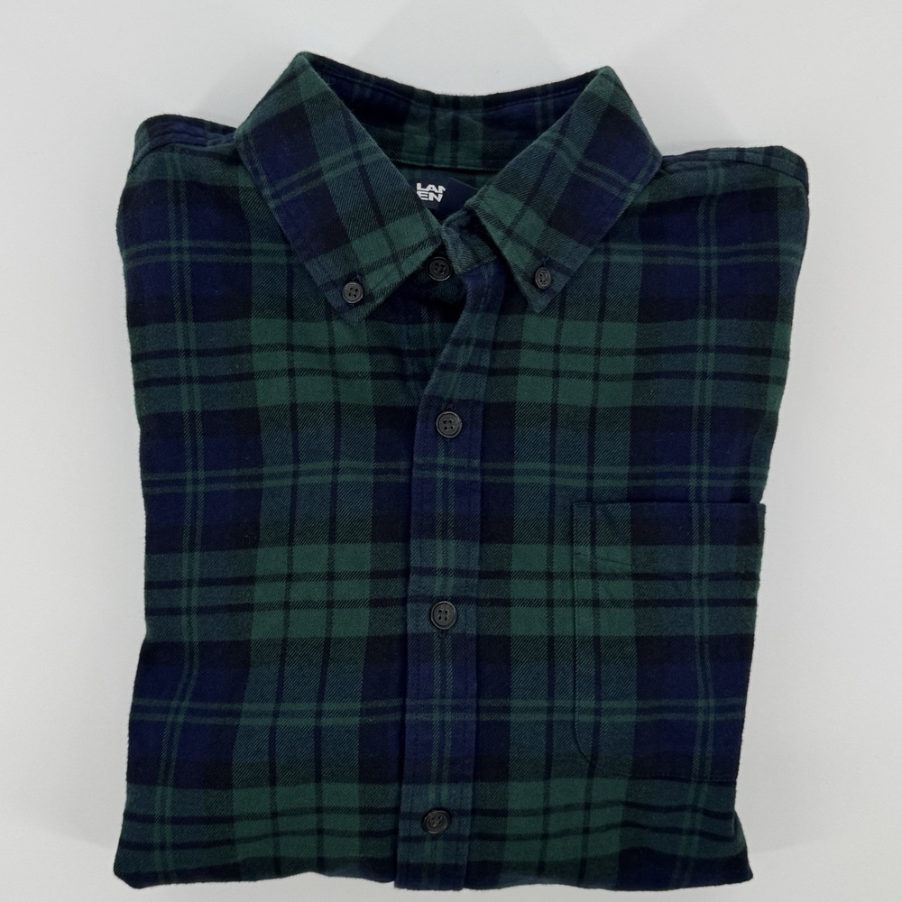 Lands' End Men Large Flannel Shirt Black Watch Plaid Cotton Button Down Flagship - Picture 10 of 10